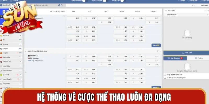 Hệ thống vé cược thể thao luôn đa dạng